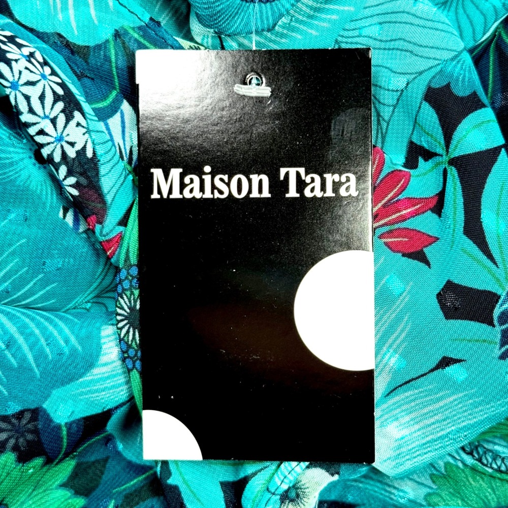 Maison Tara Teal Floral Chiffon Faux Wrap Maxi Dress Ruffle Boho Garden NWT 14 - Picture 7 of 11